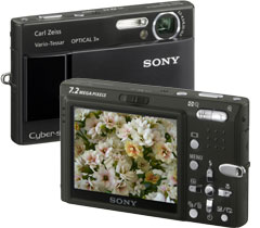 Máquina digital Sony Cyber-shot DSC-T10 - Frente e Costas - Cortesia da Sony, editada pelo Câmera versus Câmera