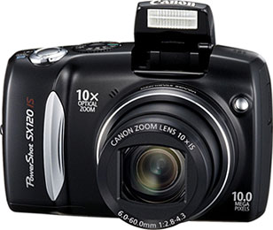Câmera digital Canon PowerShot SX120 IS - Frente - Cortesia Canon, editada pelo Câmera versus Câmera