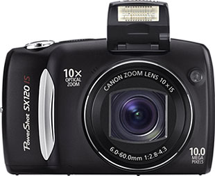 Câmera digital Canon PowerShot SX120 IS - Frente - Cortesia Canon, editada pelo Câmera versus Câmera