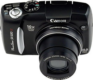 Câmera digital Canon PowerShot SX120 IS - Frente, Topo - Cortesia Canon, editada pelo Câmera versus Câmera
