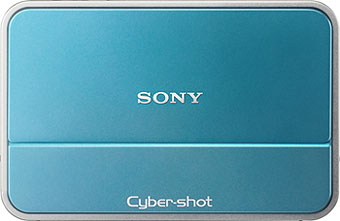 Câmera digital Sony Cyber-shot DSC-T2  - Cor Azul, Frente - Cortesia Sony, editada pelo Câmera versus Câmera