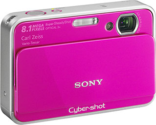 Câmera digital Sony Cyber-shot DSC-T2  - Cor Pink, Diagonal - Cortesia Sony, editada pelo Câmera versus Câmera