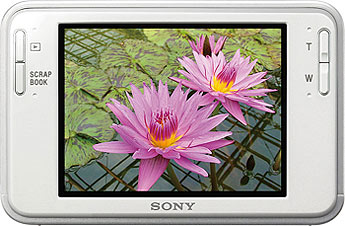 Câmera digital Sony Cyber-shot DSC-T2  - Cor Branca, Costas - Cortesia Sony, editada pelo Câmera versus Câmera