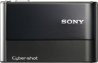 Câmera digital Sony Cyber-shot DSC-T200  - Cor Preta, Frente - Cortesia Sony, editada pelo Câmera versus Câmera