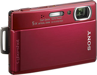 Câmera digital Sony Cyber-shot DSC-T300  - Vermelha - Cortesia Sony, editada pelo Câmera versus Câmera