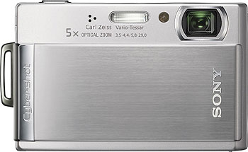 Câmera digital Sony Cyber-shot DSC-T300  - Prata, Frente - Cortesia Sony, editada pelo Câmera versus Câmera