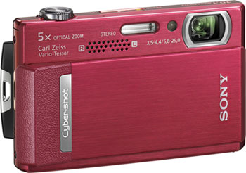 Câmera digital Sony Cyber-shot DSC-T500  - Vermelha - Cortesia Sony, editada pelo Câmera versus Câmera
