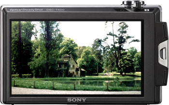 Câmera digital Sony Cyber-shot DSC-T500  - Costas - Cortesia Sony, editada pelo Câmera versus Câmera