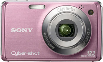 Câmera digital Sony Cyber-shot DSC-W210 - Pink, Frente - Cortesia Sony, editada pelo Câmera versus Câmera