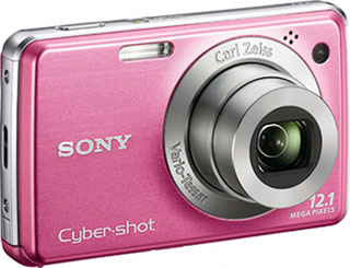 Câmera digital Sony Cyber-shot DSC-W220 - Pink, Diagonal - Cortesia Sony, editada pelo Câmera versus Câmera