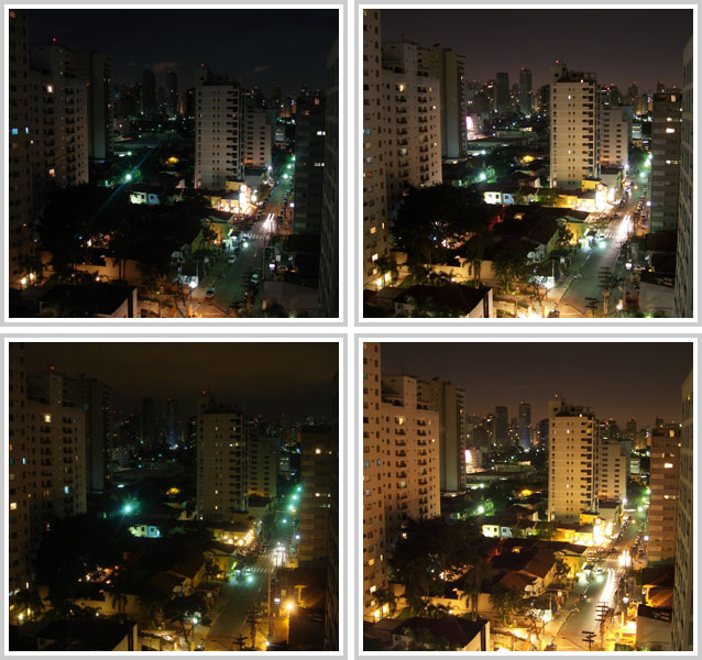 Quatro fotos de mesma paisagem noturna com diferentes exposições e resultados