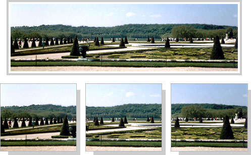 Foto panorâmica de amplo jardim e abaixo, as três partes que a compuseram