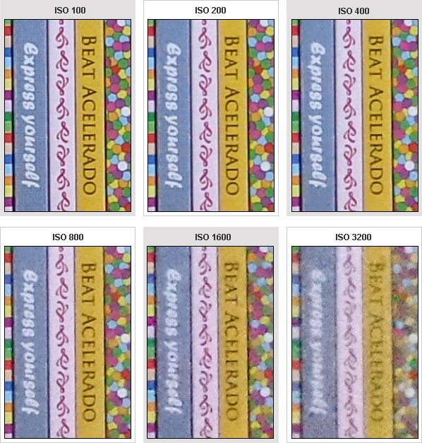 Comparativo do ruído em 6 fotos com inscrições, tiradas com ISO de 100 a 3200