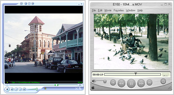 Duas fotos ilustrando a exibição de vídeos pelo Media Player e o QuickTime
